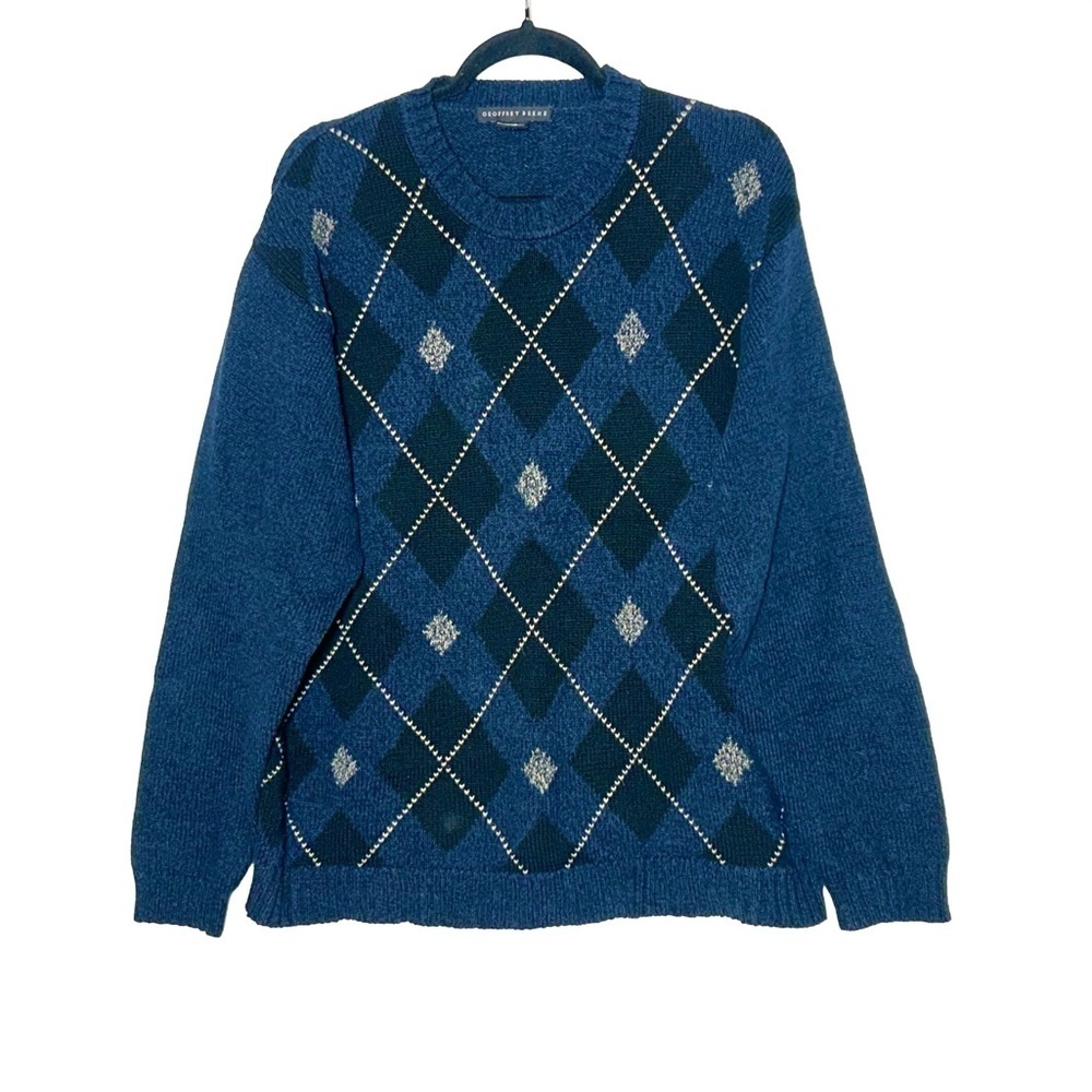 Vintage 90’s Preppy Geoffrey Beene Navy Argyle Cotton Grandpa Sweater, Large